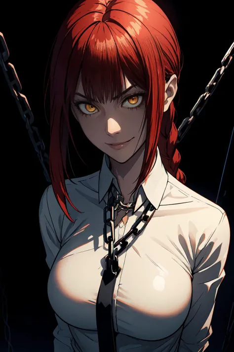 makima (chainsaw man), best quality, ultra detailed, 1girl, solo, standing, red hair, long braided hair, golden eyes, bangs, medium breasts, white shirt, necktie, stare, smile, (evil:1.2), looking at viewer, (interview:1.3), (dark background, chains:1.3), ...