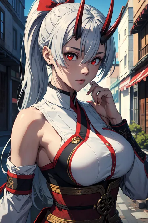 tomoegozen, <lora:tomoegozentest:1>, tomoe gozen, hair between eyes, hair ribbon, headband, long hair, ponytail, (red eyes:1.5), red ribbon, ribbon, light blue hair, BREAK armor, hair between eyes, horns, japanese armor, kote, kusazuri, naginata, oni horns...