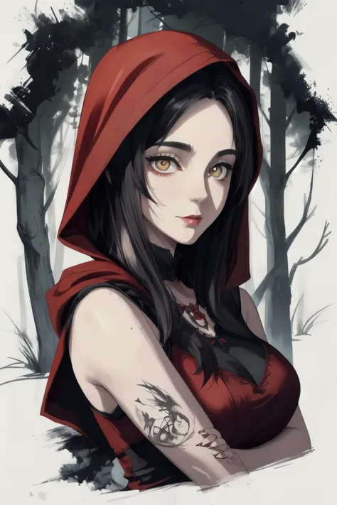 best quality, illustration sketch, red riding hood, outline, dark art, illustration, ((forest)), black theme, upper body focus, slight smile, ink pen art, style by Tim Burton, draw, sketch, ink sketch, <lora:st4ryuuki15 (6):0.8>