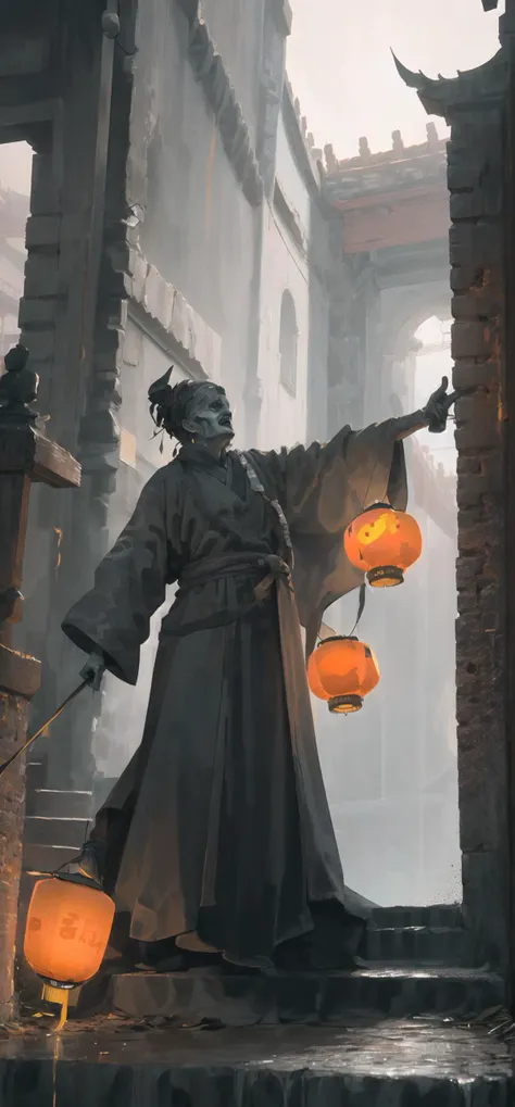 a man in a robe holding lanterns in a courtyard