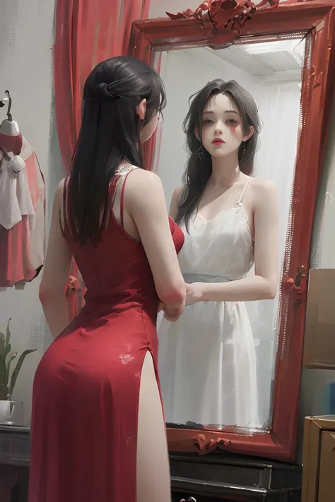 masterpiece,Standing posture,masterpiece, top quality, best quality,masterpiece,masterpiece, top quality, best quality,mirror, 1girl, solo, reflection, dress, closed mouth, red dress, long hair, horror (theme)