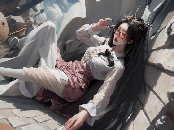 Horror-themed, a lewd lady with long messy hair, wearing (glasses:1.2) and tight skirt with pantyhose, nose blush, half-closed eyes, open mouth, spreading legs, front view, solo, sfw, Eerie, unsettling, dark, spooky, suspenseful, grim, highly detailed