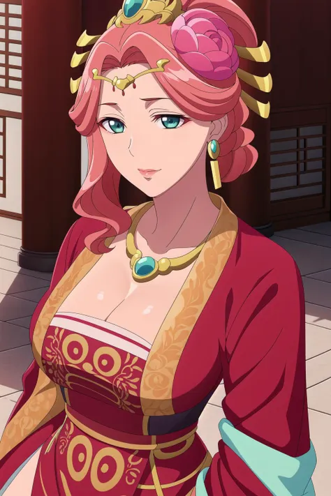 a woman in a red dress with a pink hair and a gold necklace