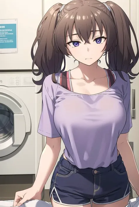 laundrygirl, <lyco:laundrygirl-lyco-nochekaiser:1>,
laundry girl, twintails, bangs, hair between eyes, brown hair, (purple eyes:1.1),
BREAK shirt, collarbone, bra strap, shorts, short sleeves,
BREAK indoors,
BREAK looking at viewer, (cowboy shot:1.5),
BREA...