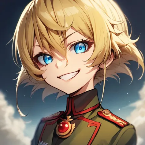 score_9, score_8_up, score_7_up BREAK TanyaDegurechaff, 1girl, solo, looking at viewer, smile, short hair, bangs, blue eyes, blonde hair, hair between eyes, grin, uniform, military, military uniform, portrait, close-up, evil smile, eye focu, source_anime, ...