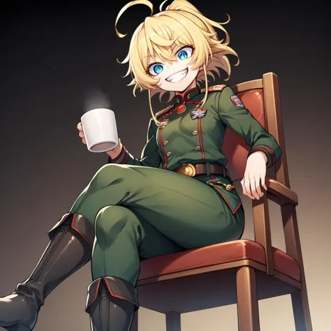 anime girl sitting on a chair with a cup of coffee