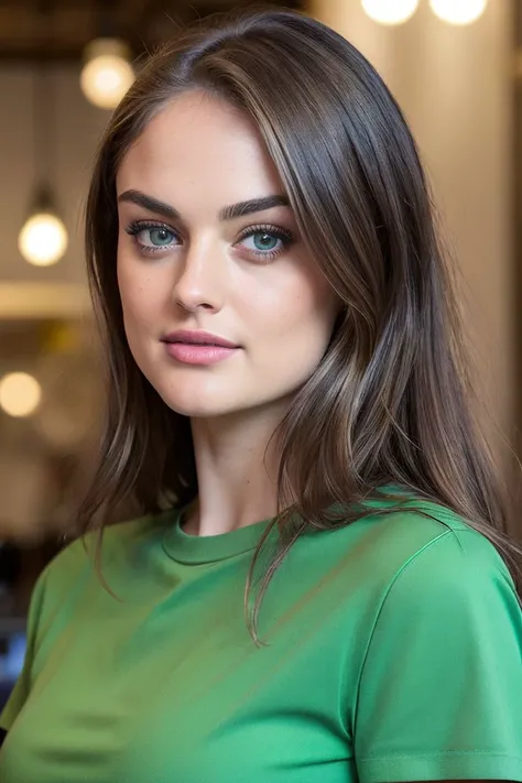 portrait of S210_LexieFox,a gorgeous woman,in a (pizzeria:1.1),wearing a (green-shirt:1.1),(8k, RAW photo, best quality, depth of field, ultra high res:1.2),(absurdres, intricate, photorealistic, masterpiece, ultra-detailed:1.3),