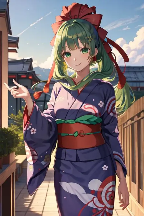 best quality, masterpiece, highres, solo, {yukata:1.40}, {kimono:1.20}, {kagiyama_hina_touhou:1.15}, green_hair, bow, ribbon, hair_bow, long_hair, hair_ribbon, front_ponytail, green_eyes, smile, bangs, red_ribbon