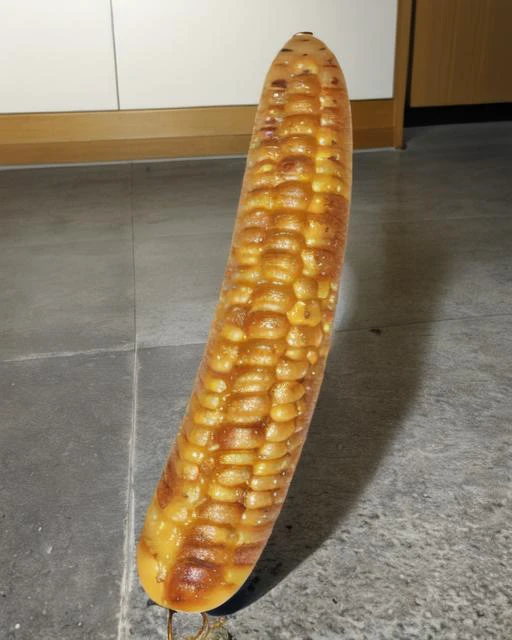 no humans, shadow, still life, indoors, solo, what, photo background, food focus, food, realistic, objectification, wall, <lora:vertical_vegetables_v2:0.5>, corndog