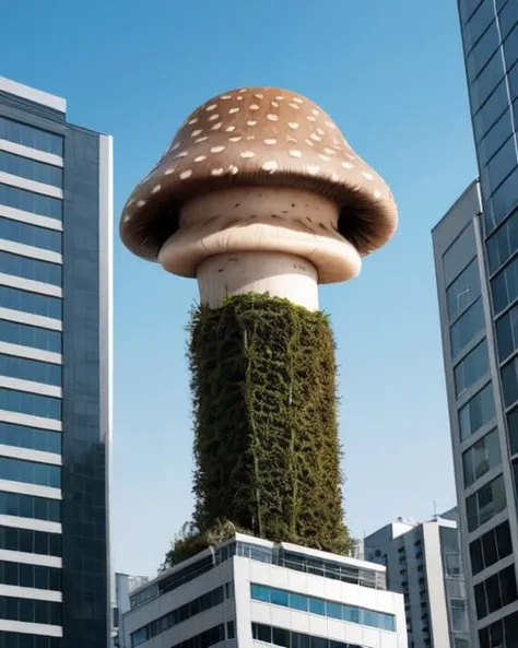 no humans, objectification, <lora:vertical_vegetables_v2:0.5>, building, cityscape, mushroom