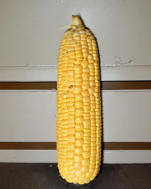 no humans, shadow, still life, indoors, solo, what, photo background, food focus, food, realistic, objectification, wall, <lora:vertical_vegetables_v2:0.5>, corn