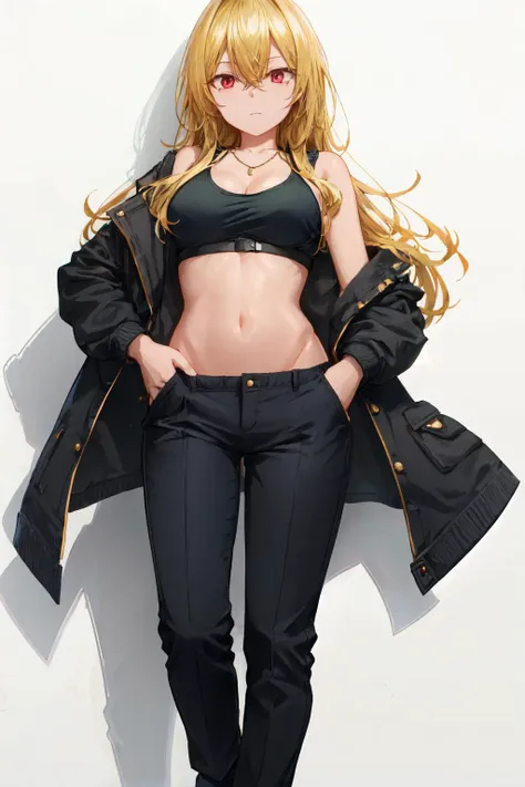 <lyco:free_style:1.0>free style, 1girl, solo, blonde hair, long hair, breasts, pants, navel, jacket, midriff, black pants, crop top, looking at viewer, red eyes,jacket on shoulders,  shirt, hand in pocket, plant, stomach, holding, bangs, large breasts, hai...