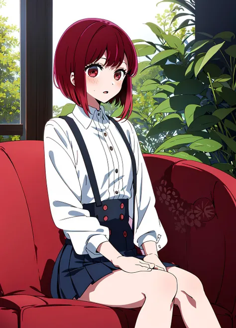 <lora:arima_kana_v1_e1:1>, masterpiece, best quality, arima_kana, red_eyes, solo, 1girl, blush, detailed face, black skirt, white shirt, sitting on sofa, young girl