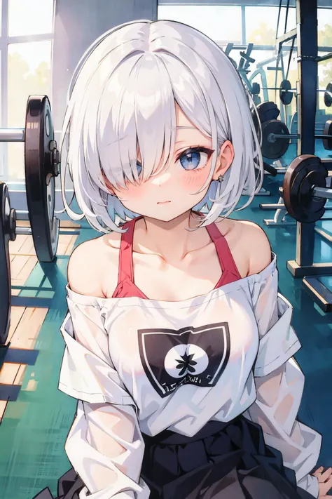 anime girl with white hair and blue eyes sitting in a gym