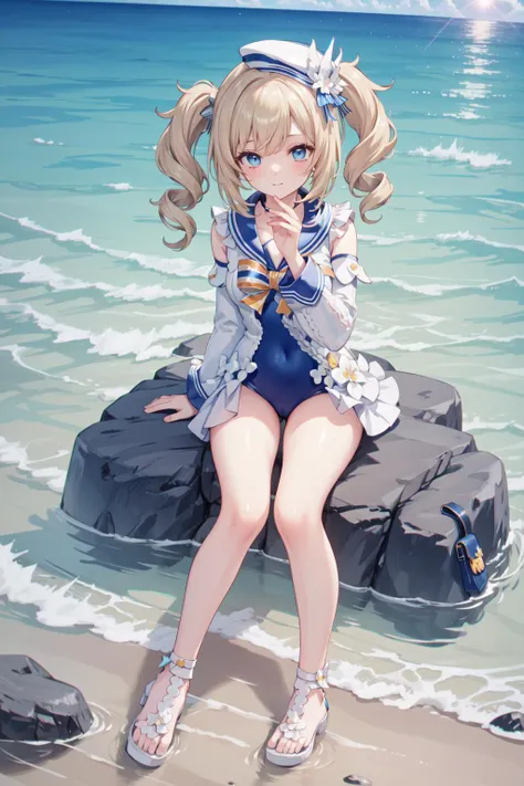 masterpiece, best quality,shiny,chromatic aberration abuse,pastel color, full body, 
<lora:barbaraswimV1:1>,one-piece swimsuit, sailor collar, detached sleeves,hat,sandals,bag,animal bag,
1girl,solo, blonde hair, twintails, twin drills, medium hair, blue e...