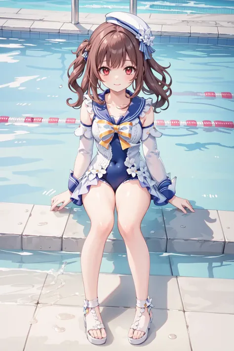 masterpiece, best quality,shiny,chromatic aberration abuse,pastel color, full body, 
<lora:barbaraswimV1:1>,one-piece swimsuit, sailor collar, detached sleeves,hat,sandals,
1girl,solo, <lora:Aoi2:0.4>aoisan,red eyes,brown hair,smile,
swimming pool,sitting,...