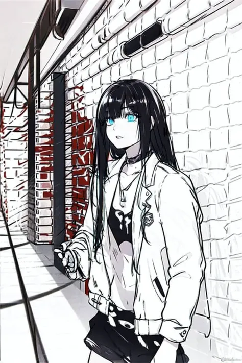 best quality, intricate details, chromatic aberration,

1girl, long hair, black hair, messy hair, red highlights, hair over one eye, blue eyes, sharp eyes,

choker, neon shirt, torn legwear, open jacket,

against wall, brick wall, graffiti, dim lighting, a...