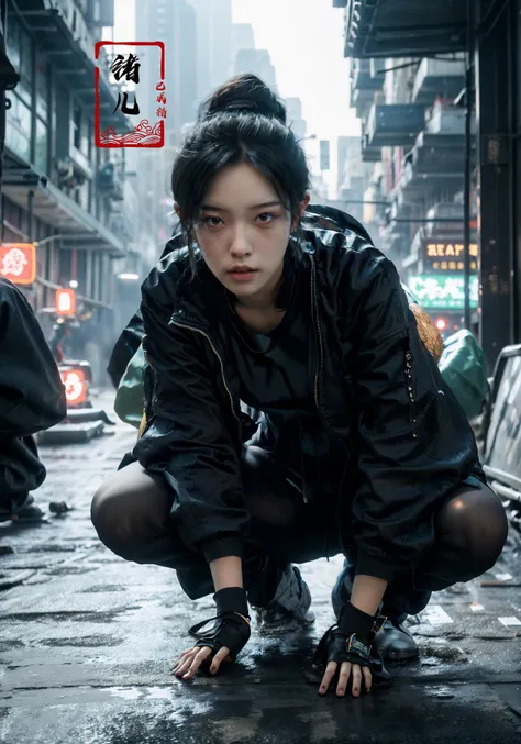 CG masterpiece, 3D Chinese girl, angelic face, techno-cool style, dressed in cyberpunk mixed with Chinese style clothing, crouching on the ground, tense image, dynamic poses, stunning colors, super wide angle lens, 3D rendered headshot, cinematic, photorea...