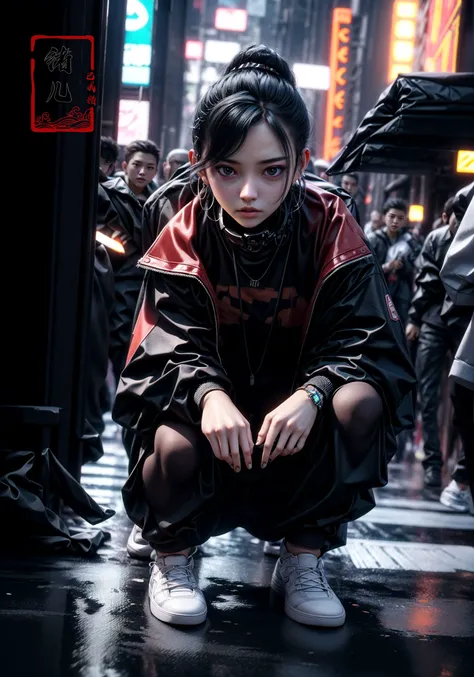 CG masterpiece, 3D Chinese girl, angelic face, techno-cool style, dressed in cyberpunk mixed with Chinese style clothing, crouching on the ground, tense image, dynamic poses, stunning colors, super wide angle lens, 3D rendered headshot, cinematic, photorea...