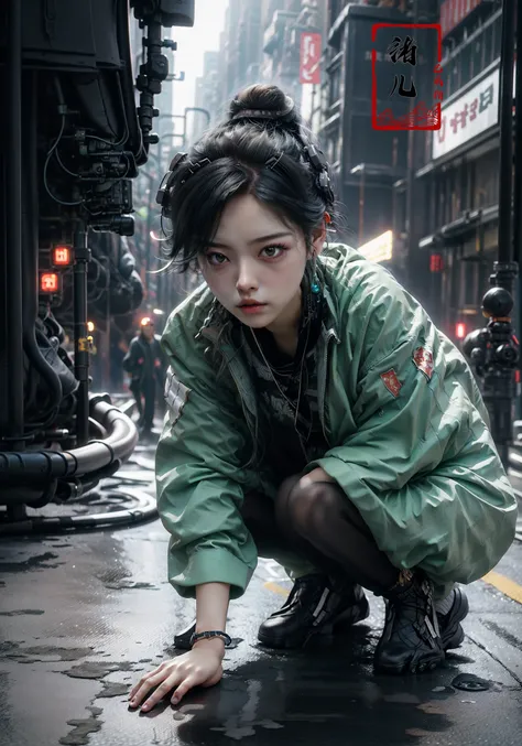 CG masterpiece, 3D Chinese girl, angelic face, techno-cool style, dressed in cyberpunk mixed with Chinese style clothing, crouching on the ground, tense image, dynamic poses, stunning colors, super wide angle lens, 3D rendered headshot, cinematic, photorea...