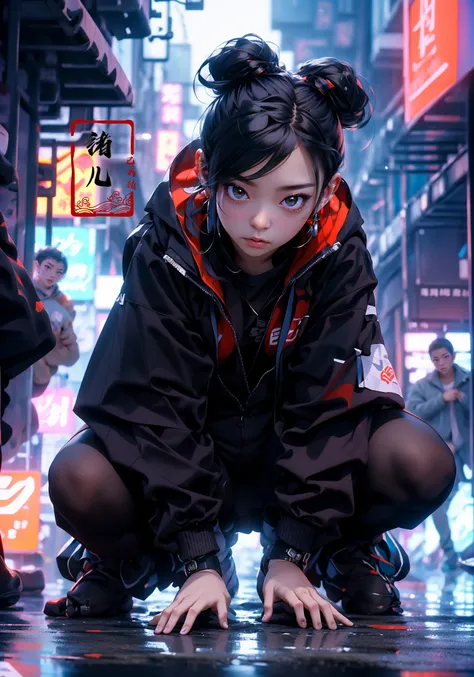 CG masterpiece, 3D Chinese girl, angelic face, techno-cool style, dressed in cyberpunk mixed with Chinese style clothing, crouching on the ground, tense image, dynamic poses, stunning colors, super wide angle lens, 3D rendered headshot, cinematic, photorea...