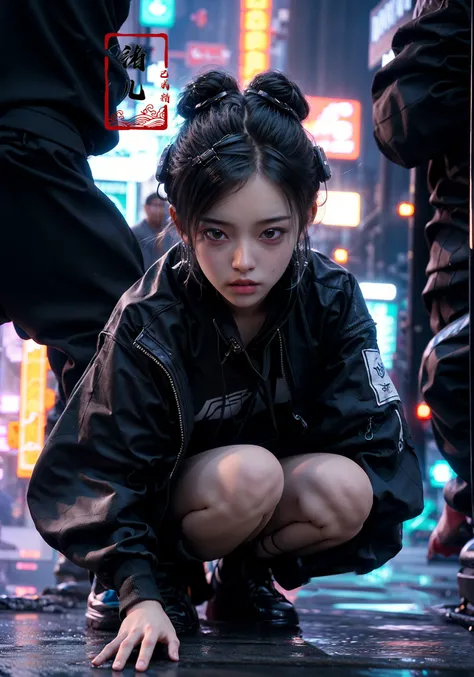 CG masterpiece, 3D Chinese girl, angelic face, techno-cool style, dressed in cyberpunk mixed with Chinese style clothing, crouching on the ground, tense image, dynamic poses, stunning colors, super wide angle lens, 3D rendered headshot, cinematic, photorea...