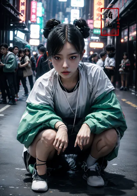 CG masterpiece, 3D Chinese girl, angelic face, techno-cool style, dressed in cyberpunk mixed with Chinese style clothing, crouching on the ground, tense image, dynamic poses, stunning colors, super wide angle lens, 3D rendered headshot, cinematic, photorea...