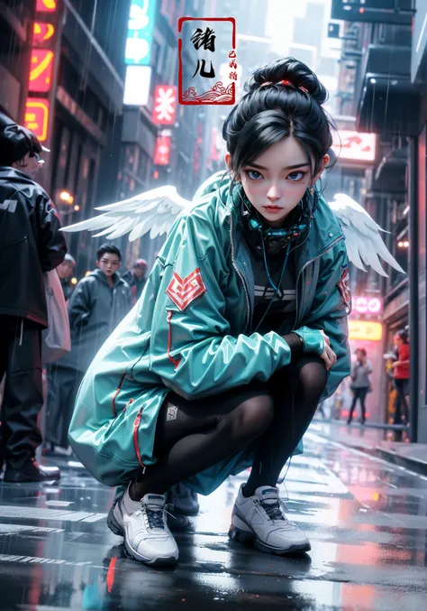 CG masterpiece, 3D Chinese girl, angelic face, techno-cool style, dressed in cyberpunk mixed with Chinese style clothing, crouching on the ground, tense image, dynamic poses, stunning colors, super wide angle lens, 3D rendered headshot, cinematic, photorea...