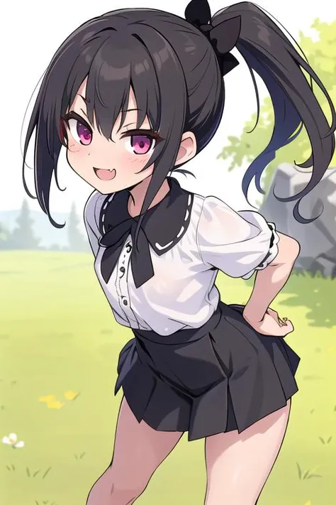 masterpiece,ultra detail,best quality,1girl, <lora:akazawa-red-style-v1:0.7>,black ponytail,petite,blouse,miniskirt,evil smile,fang,blush,small breasts,open stance,outdoor,looking at viewer,randoseru,