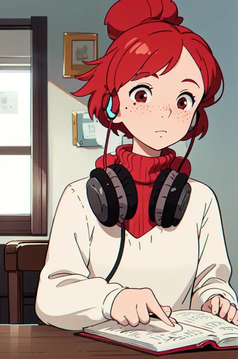 upper body, a mature 25 y.o girl  studying in her room with headphones on, wearing a turtleneck sweater, red hair, freckles, (profiles:0.5),  <lora:howlsMovingCastleInterior_v1:0.4>