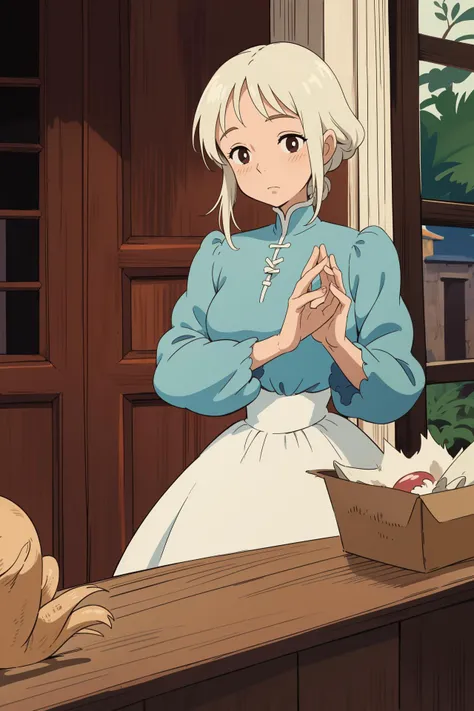 anime girl in blue dress standing in front of a counter with a cat