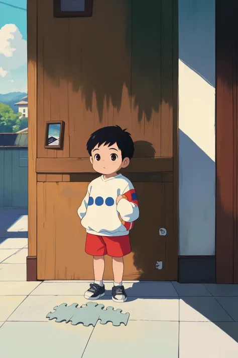 a cartoon boy standing in front of a door with a ball