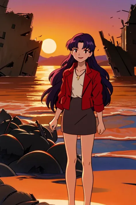 <lora:add_detail:0.2> Misato, 1girl, solo, dark long hair, long hair, dark eyes, red jacket, skirt, cross necklace, standing in an orange coloured sea, sunset, happy, magical, shattered sillhouted buildings  <lora:evangelion_anime_style_offset:0.7>