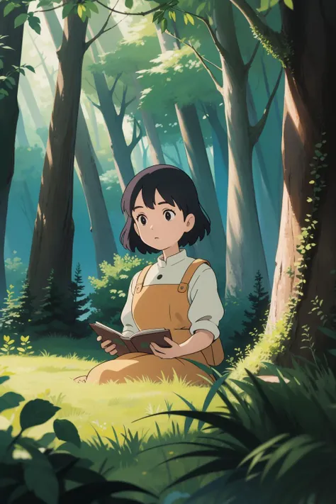 a girl sitting in the woods reading a book