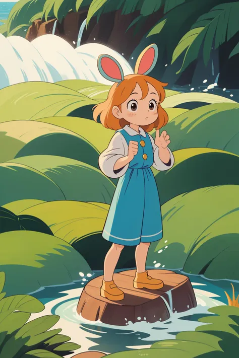 a cartoon girl standing on a rock in a river