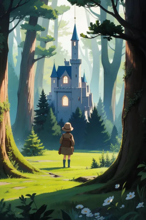 castle in the sky, 1girl, in the forest, (masterpiece,best quality:1.6)