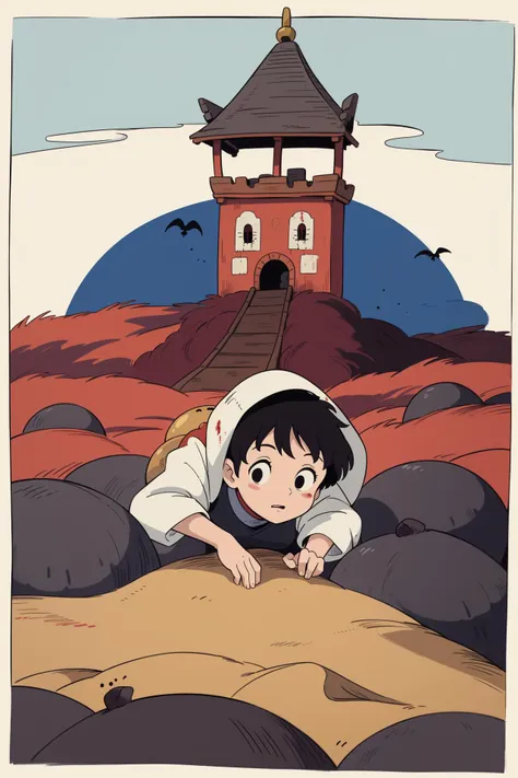 a cartoon picture of a boy laying on the ground in front of a tower