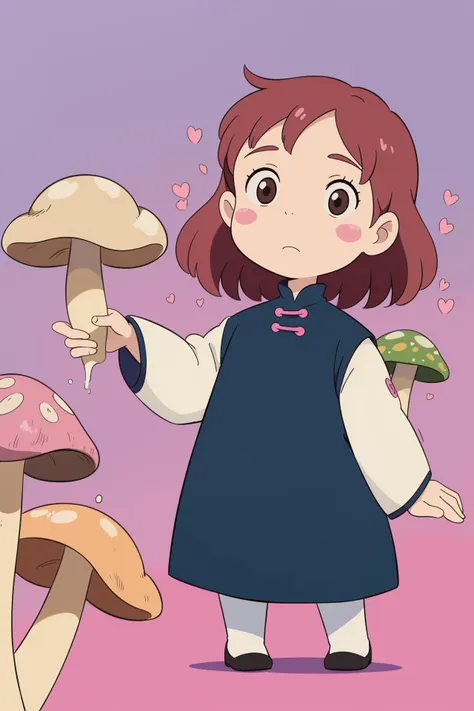 a girl in a blue dress holding a mushroom in front of a mushroom