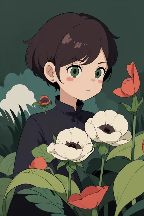 a girl with green eyes standing in a field of flowers