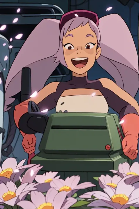 upper body, solo, 1girl, entrapta stands in a machinery room, illustration,  ghibli, flower petals everywhere, magic effects, long twintails, happy, dynamic pose  <lora:Entrapta-08:0.8>