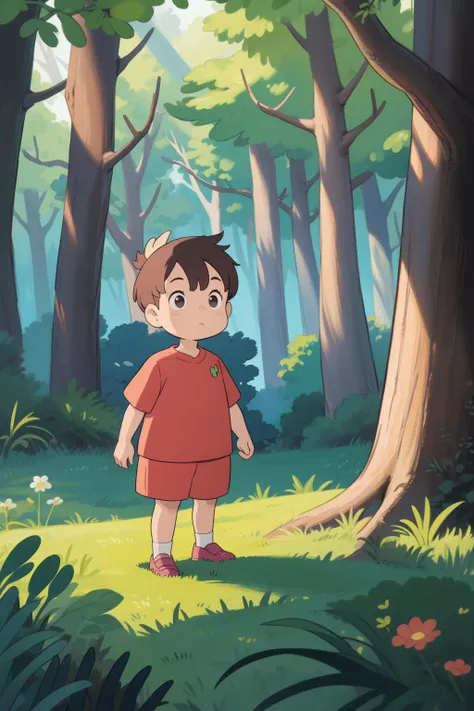 a cartoon boy standing in the woods with a red shirt