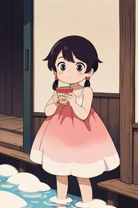 anime girl in a pink dress holding a cup of coffee