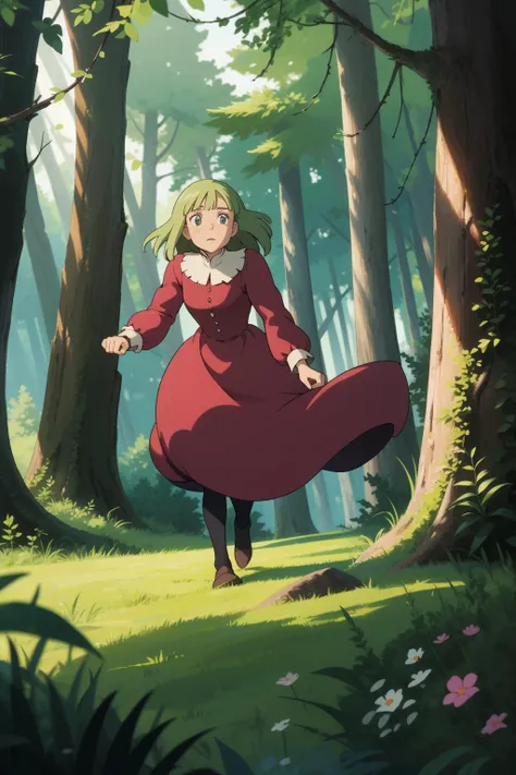 a woman in a red dress is walking through the woods