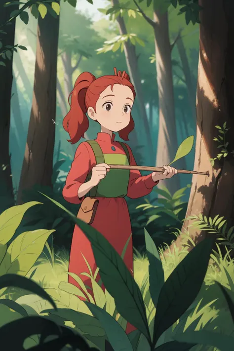 a girl in a red dress holding a stick in a forest