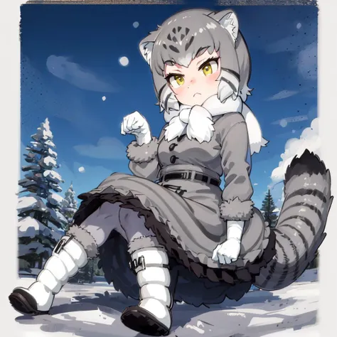 (masterpiece, best quality, high resolution, distinct image), cinematic lights, 1girl, solo, <lora:manul:0.8>, grey hair, multicolored hair, cat tail, cat ears, yellow eyes, striped tail, short hair, scarf, fur trim, grey skirt, white footwear, white glov...