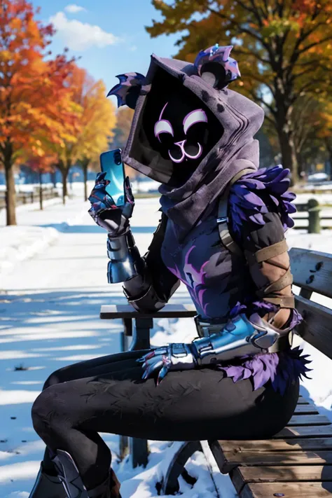 Raven Team Leader, purple hood, animal ears, shaded face, purple skin, scar on eye, (furry), (body fur:1.2), metal gloves, purple fur, belt, straps, torso symbol, looking at viewer, serious, 
sitting, on bench, holding a cellphone, outside, park, under tre...