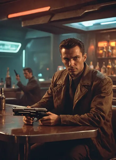 man sitting at a table in a futuristic bar with a bldrnrblstr gun on the table, science fiction, film noir,
 <lora:Blade_Runner_Blaster_SDXL:0.8>