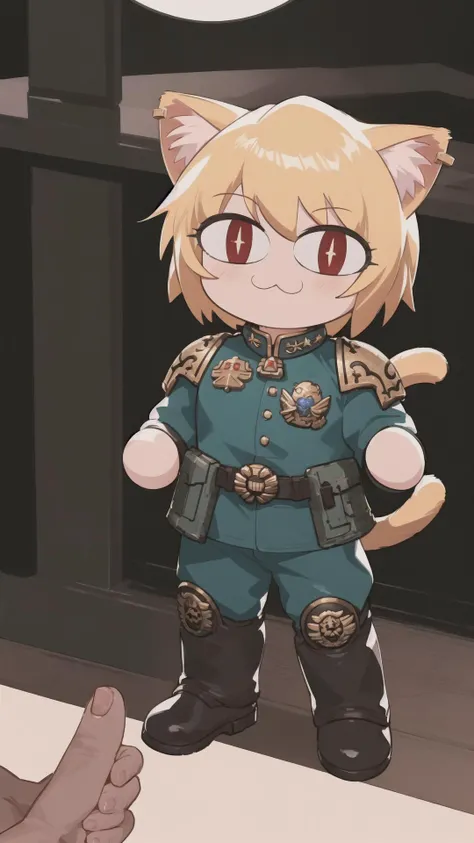 anime character of a cat in uniform standing next to a person