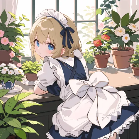 masterpiece,high quality,landscape,(from behind:1.4),depth of field,1 girl,blonde hair,upperbody,leaning forward,looking at the viewer,upper body,maid,close-up,maid headdress,maid apron,blue footwear,hanging plant,indoors,greenhouse,potted plant,round tabl...