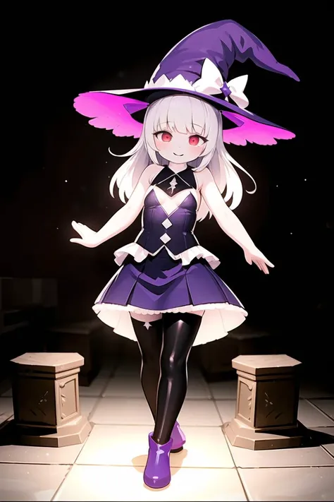 ((Ambient Occlusion, Dramatic Lighting)), pale skin, (white skin), long hair, black hair, glowing eyes, red eyes, smile, demon girl, witch hat, (purple clothing), (black pantyhose), thigh boots, tiny focus, dynamic pose, graveyard, Tilt-Shift, Low Angle Sh...